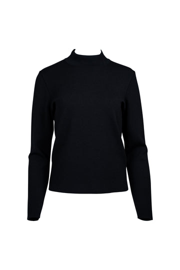 Schwarzer Damenpullover mit Stehkragen und langer Arm. Der Schnitt ist schlicht und figurbetont, ohne sichtbare Verzierungen oder Muster. Der Pullover wirkt klassisch und minimalistisch.