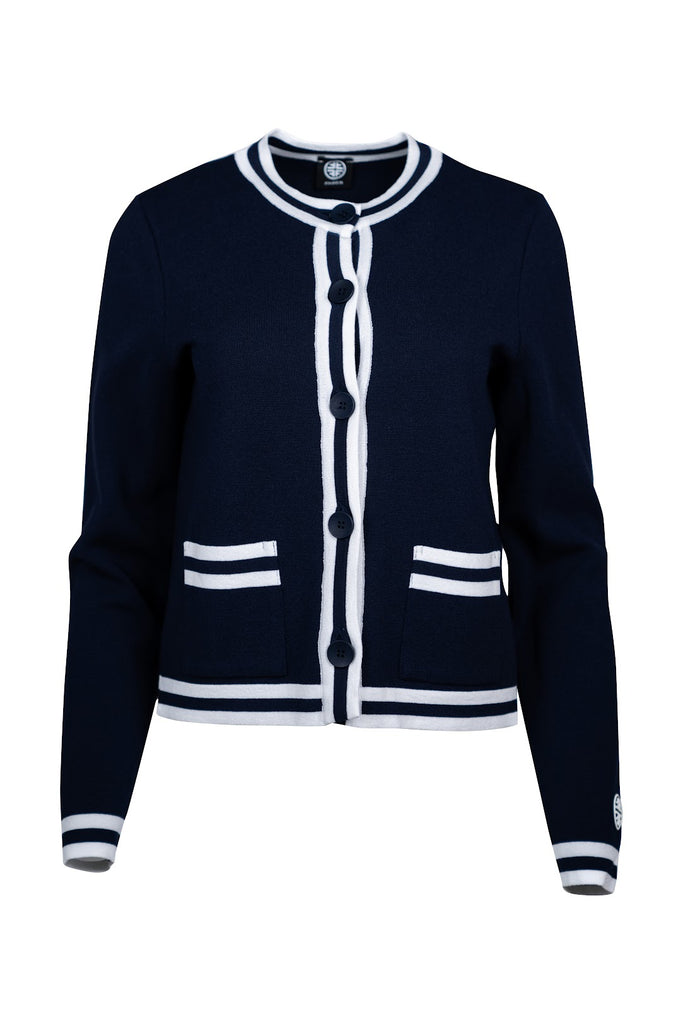 Kurzer Damen-Cardigan in Dunkelblau mit weißen Kontraststreifen an Knopfleiste, Rundhalsausschnitt, Taschen, Saum und Ärmelabschlüssen. Klassisches Design mit Knopfverschluss und aufgesetzten Taschen.